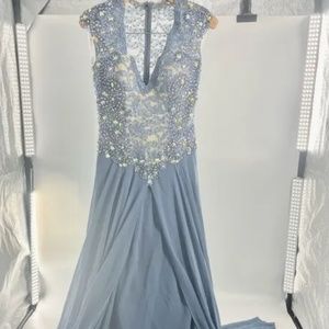 Tony Bowls Slate Blue Grey Maxi Long Beaded V-neck Pageant Prom Black Tie Gown 6